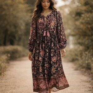 Spell Floral Tassel Peasant Maxi Dress Boho Pink Black XS/Small Long Sleeve